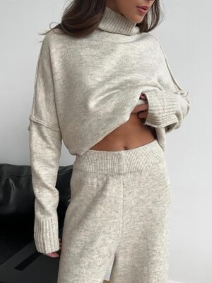 Casual Soft Pure Colour Ribbed Turtleneck Long Sleeve Regular Sweater Co-ords - Image 2