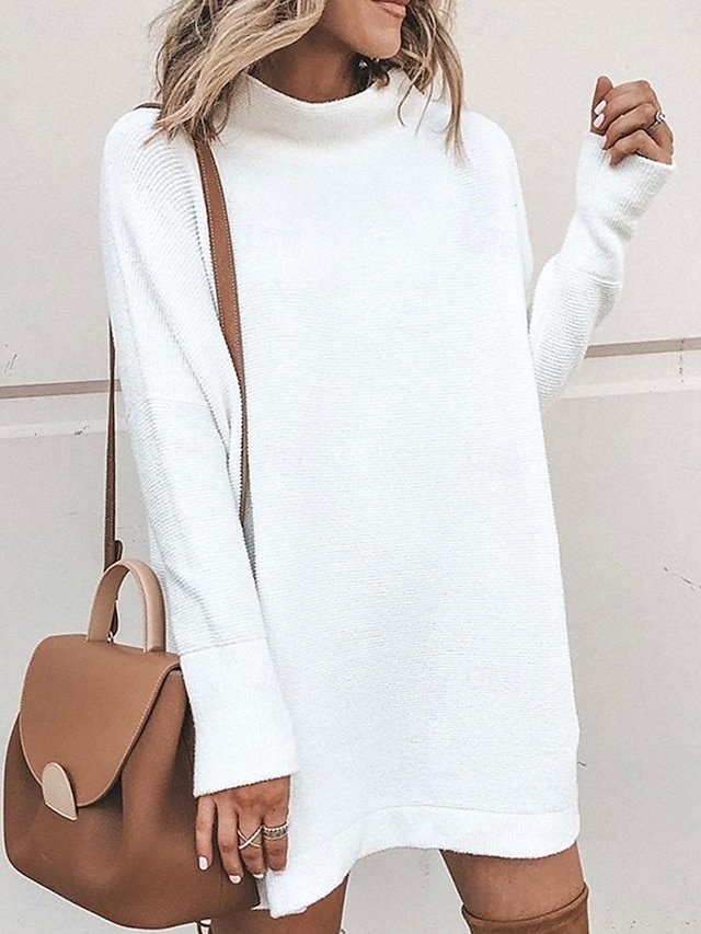 Casual Soft Pure Colour Ribbed Turtleneck Long Sleeve Long Sweater Dress - Image 2