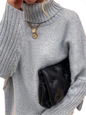Casual Soft Pure Colour Ribbed Turtleneck Long Sleeve Regular Top - Image 3