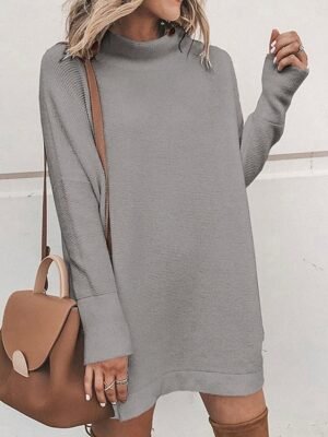 Casual Soft Pure Colour Ribbed Turtleneck Long Sleeve Long Sweater Dress - Image 5