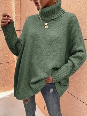 Casual Soft Pure Colour Ribbed Turtleneck Long Sleeve Regular Top - Image 5