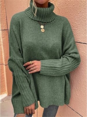 Casual Soft Pure Colour Ribbed Turtleneck Long Sleeve Regular Top - Image 6