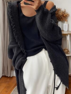 Casual Soft Pure Colour Shirt Collar Long Sleeve Cardigan - Image 5