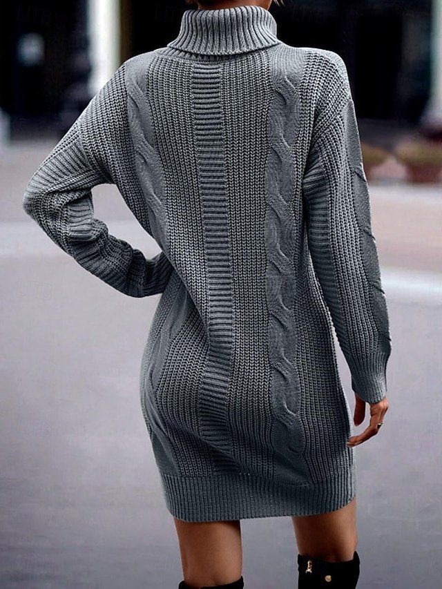 Casual Soft Pure Colour Turtleneck Long Sleeve Long Sweater Dress - Image 2