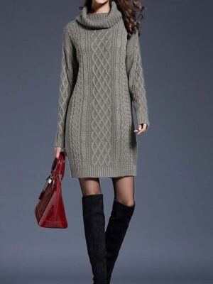 Casual Soft Pure Colour Turtleneck Long Sleeve Long Sweater Dress - Image 3