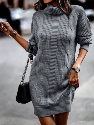 Casual Soft Pure Colour Turtleneck Long Sleeve Long Sweater Dress - Image 3
