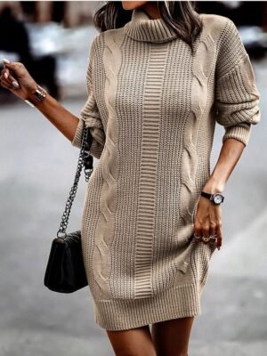 Casual Soft Pure Colour Turtleneck Long Sleeve Long Sweater Dress - Image 4