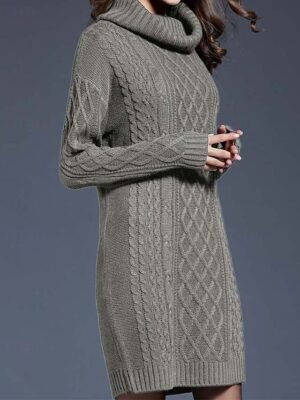 Casual Soft Pure Colour Turtleneck Long Sleeve Long Sweater Dress - Image 4