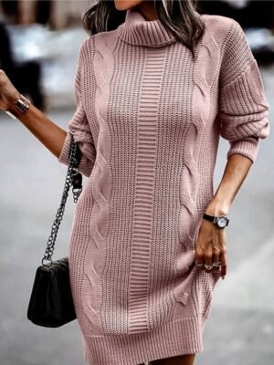 Casual Soft Pure Colour Turtleneck Long Sleeve Long Sweater Dress - Image 7