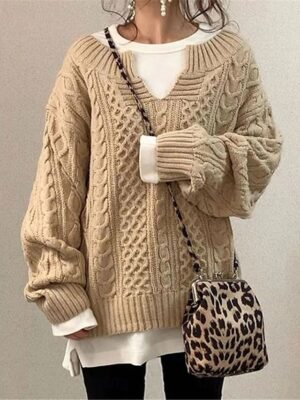 Casual Soft Pure Colour V Neck Long Sleeve Knit Jumper - Image 1