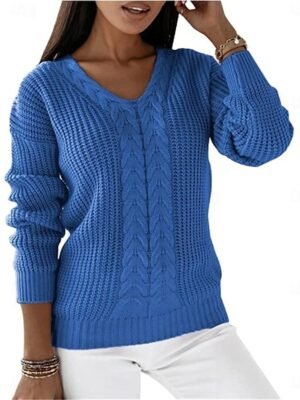 Casual Soft Pure Colour V Neck Long Sleeve Regular Jumper - Image 1