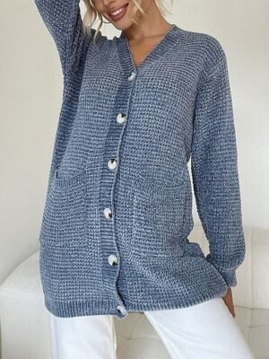 Casual Soft Pure Colour V Neck Long Sleeve Long Cardigan - Image 1