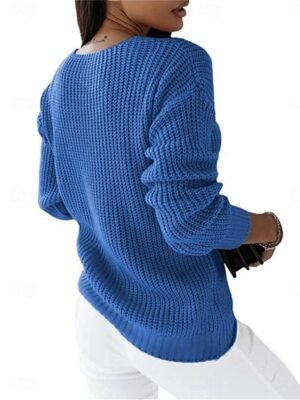 Casual Soft Pure Colour V Neck Long Sleeve Regular Jumper - Image 2