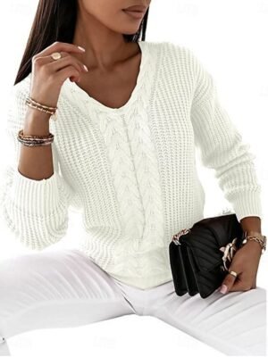 Casual Soft Pure Colour V Neck Long Sleeve Regular Jumper - Image 4