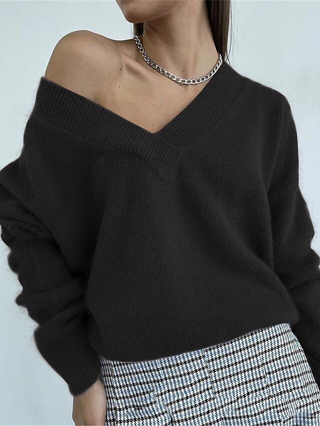 Casual Soft Pure Ribbed V Neck Long Sleeve Regular Jumper - Image 2