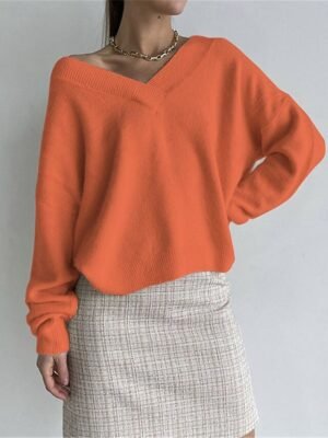 Casual Soft Pure Ribbed V Neck Long Sleeve Regular Jumper - Image 3