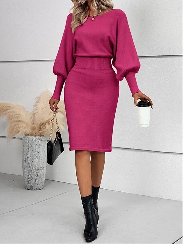 Casual Soft Ribbed Crew Neck Long Sleeve Long Sweater Dress - Image 2