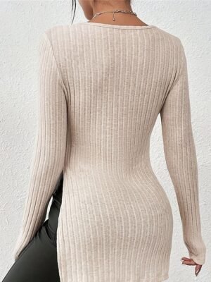 Casual Soft Ribbed V Neck Lace Patchwork Long Sleeve Long Knit Sweater - Image 2