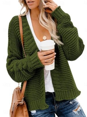Casual Soft Ribbed V Neck Long Sleeve Cardigan - Image 1