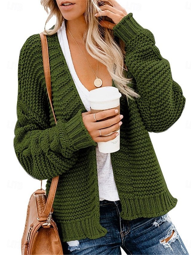 Casual Soft Ribbed V Neck Long Sleeve Cardigan - Image 1