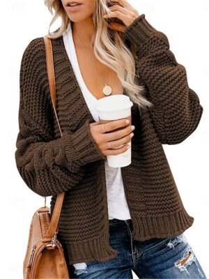 Casual Soft Ribbed V Neck Long Sleeve Cardigan - Image 3