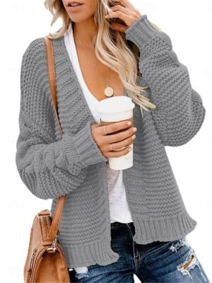 Casual Soft Ribbed V Neck Long Sleeve Cardigan - Image 5