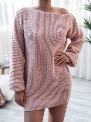 Casual Soft Solid Ribbed Crew Neck Cold Shoulder Long Sleeve Sweater Dress - Image 1