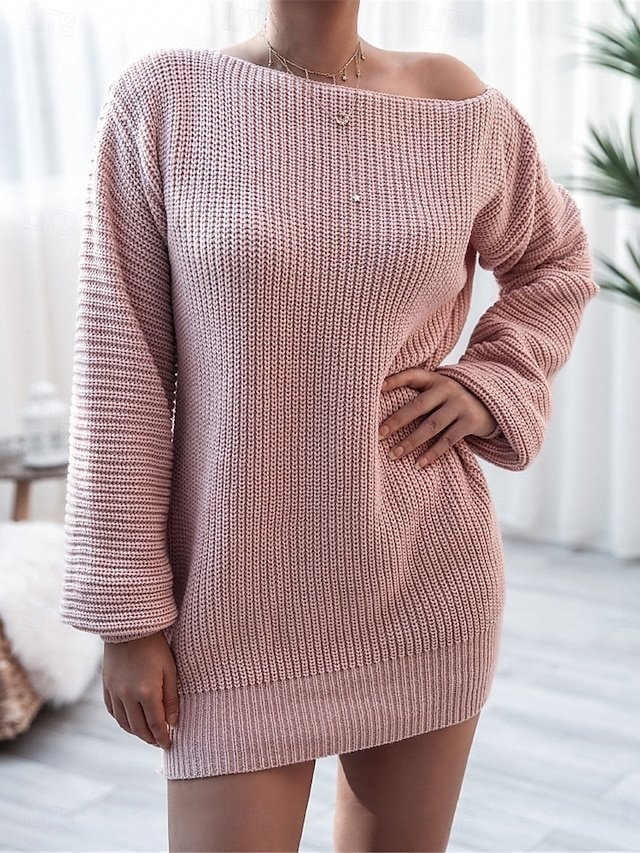 Casual Soft Solid Ribbed Crew Neck Cold Shoulder Long Sleeve Sweater Dress - Image 1
