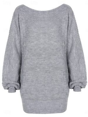 Casual Soft Solid Ribbed Crew Neck Cold Shoulder Long Sleeve Sweater Dress - Image 11