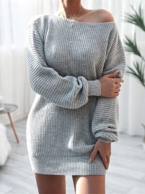 Casual Soft Solid Ribbed Crew Neck Cold Shoulder Long Sleeve Sweater Dress - Image 13