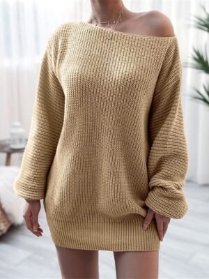 Casual Soft Solid Ribbed Crew Neck Cold Shoulder Long Sleeve Sweater Dress - Image 17