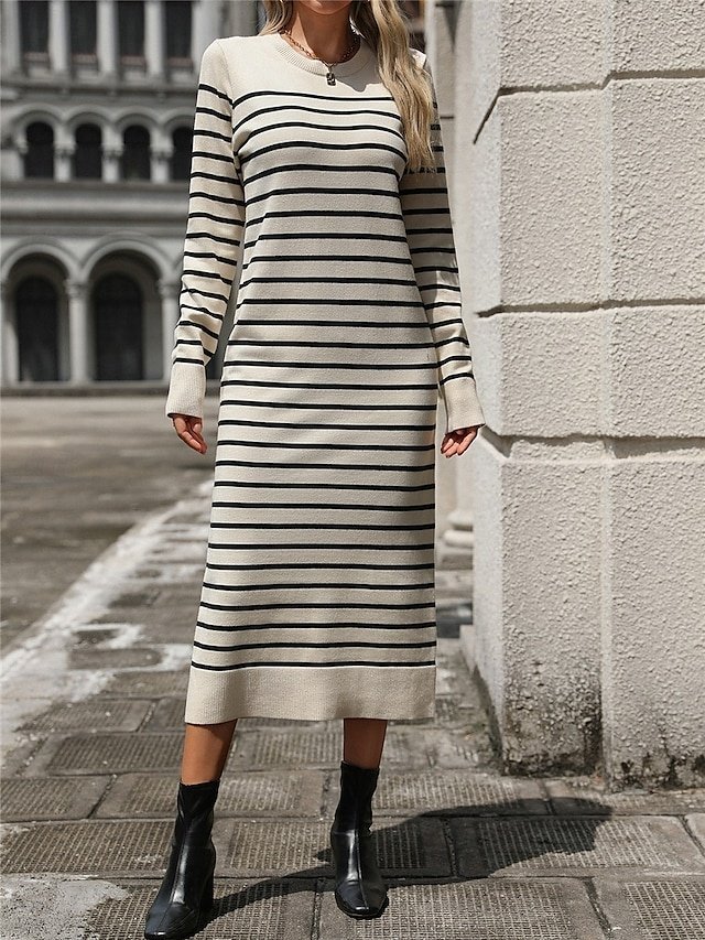Casual Soft Striped Crew Neck Long Sleeve Sweater Dress - Image 1