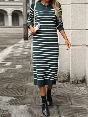 Casual Soft Striped Crew Neck Long Sleeve Sweater Dress - Image 10
