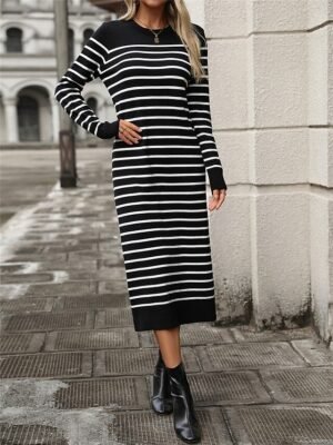 Casual Soft Striped Crew Neck Long Sleeve Sweater Dress - Image 12