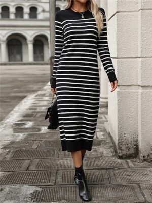 Casual Soft Striped Crew Neck Long Sleeve Sweater Dress - Image 13