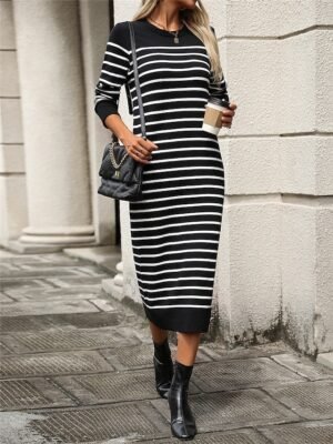 Casual Soft Striped Crew Neck Long Sleeve Sweater Dress - Image 14