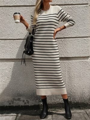 Casual Soft Striped Crew Neck Long Sleeve Sweater Dress - Image 4