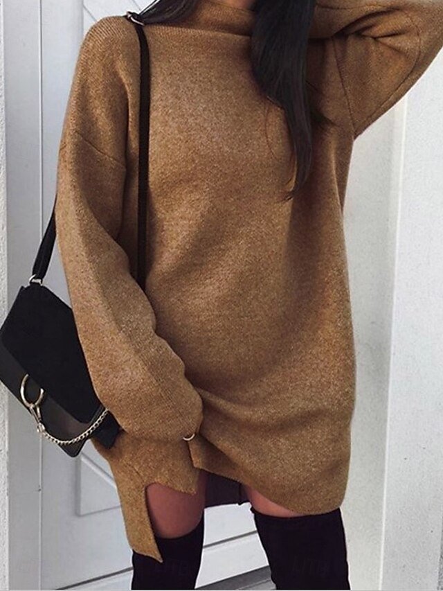 Casual Split Stand Collar Long Sleeve Mini Dress - Image 1