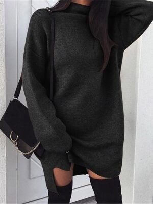 Casual Split Stand Collar Long Sleeve Mini Dress - Image 4