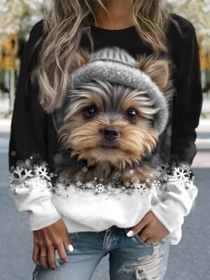 Casual Sporty Dog Print Round Neck Long Sleeve Top - Image 2
