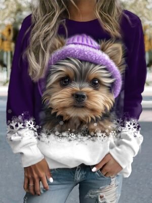 Casual Sporty Dog Print Round Neck Long Sleeve Top - Image 3