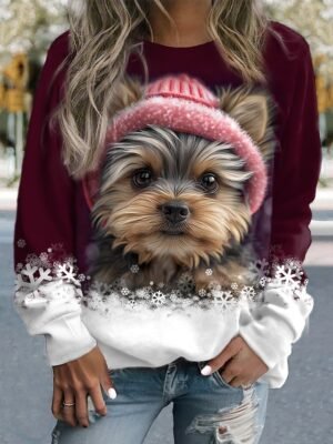 Casual Sporty Dog Print Round Neck Long Sleeve Top - Image 4