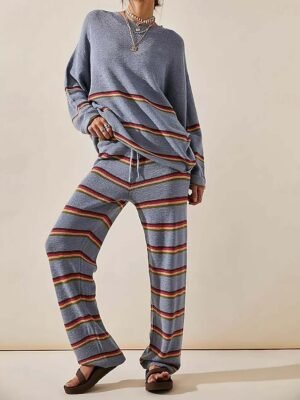 Casual Striped Crew Neck Long Sleeve Knit Sweater Set - Image 1