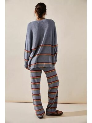 Casual Striped Crew Neck Long Sleeve Knit Sweater Set - Image 2