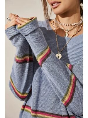 Casual Striped Crew Neck Long Sleeve Knit Sweater Set - Image 3