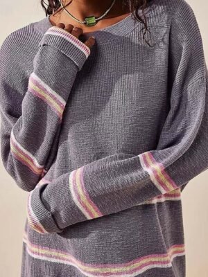 Casual Striped Crew Neck Long Sleeve Knit Sweater Set - Image 4