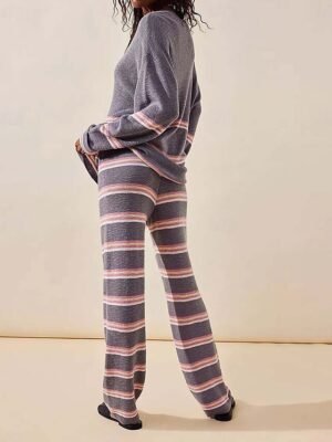 Casual Striped Crew Neck Long Sleeve Knit Sweater Set - Image 5