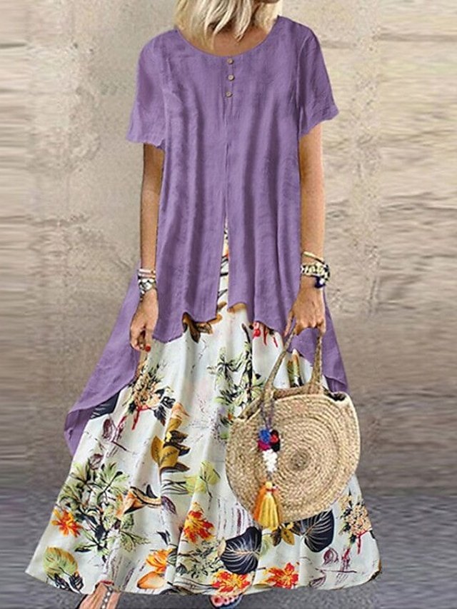 Casual Swing Floral Crew Neck Short Sleeve Maxi Dress - Image 2