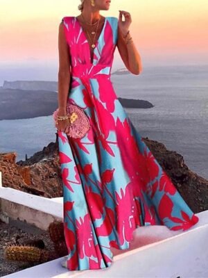 Casual Swing Floral Deep V Sleeveless Maxi Dress - Image 1