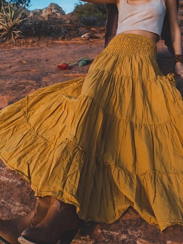 Casual Swing Plain Mid Rise Ruched Maxi Skirt - Image 1